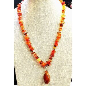 Carnelian Agate Pendant And Chip Necklace 17" Warm Fall Colors